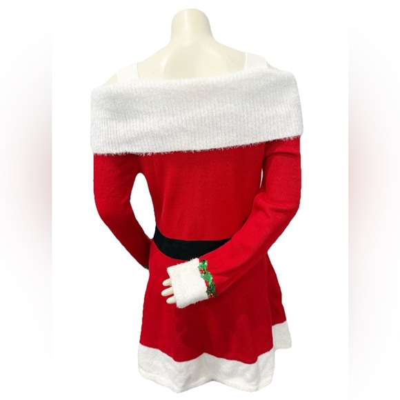 Holiday Time Off Shoulder Santa Sweater Dress M Red White Sequin Belt Christmas - Picture 3 of 9